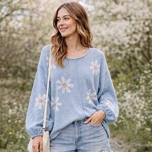 POL Blue Daisy Slouchy Sweater with Balloon Sleeves